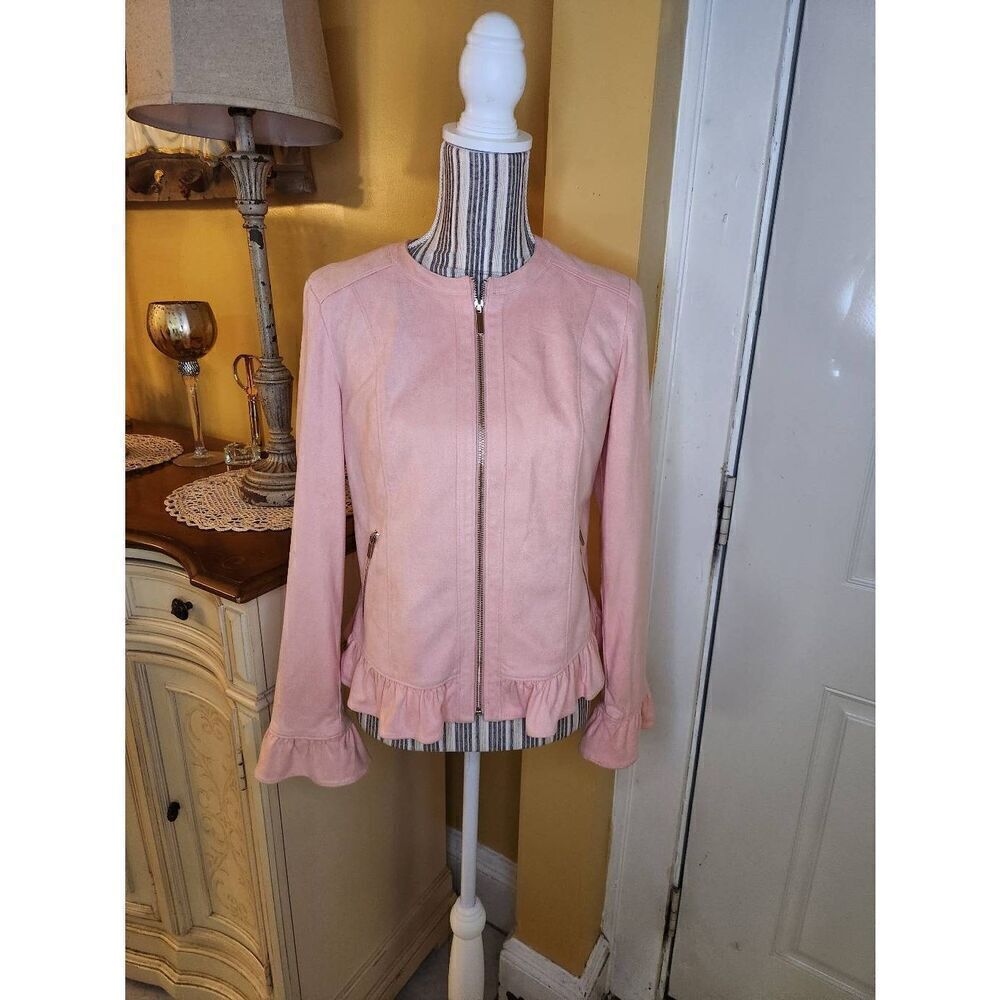 The limited faux suede peachy pink ruffle jacket women's size 2